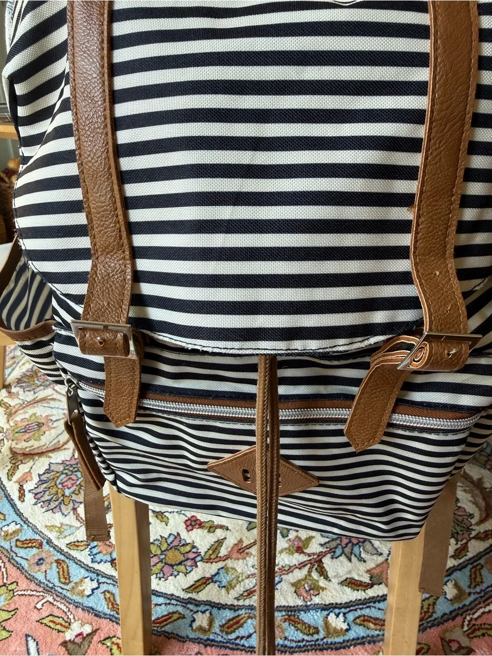 Black & White Striped Canvas Drawstring Flap Backpack Faux Leather Trim